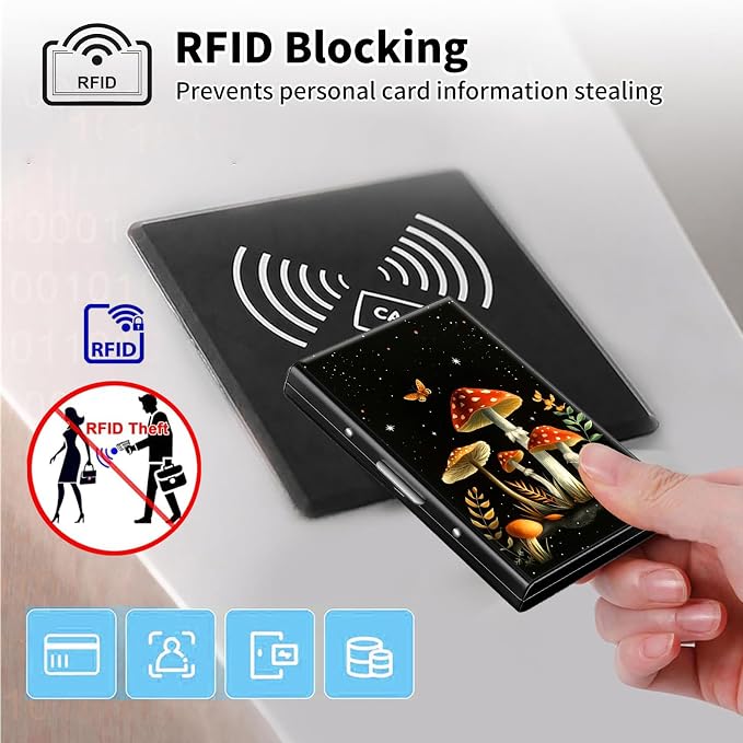 Metal Wallet,Credit Card Holder for Women Men,RFID Blocking Card Holder Wallet Mini Slim Aluminum Wallet ID Case Hard Card Case Business Card Holder Case,Cute Red Mushroom