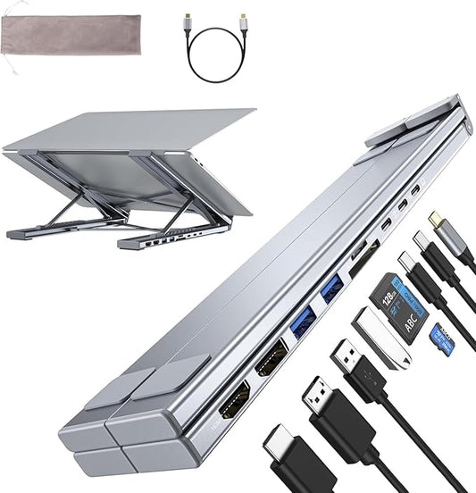 M93 Laptop Docking Station Dual Monitor Stand, 9 in 1 USB C Hub HDMI, DisplayPort 4K@60Hz, Portable Laptop Stand with USB Ports, Multiport Adapter USBC Dock Station Computer Holder (HDMI+DP)