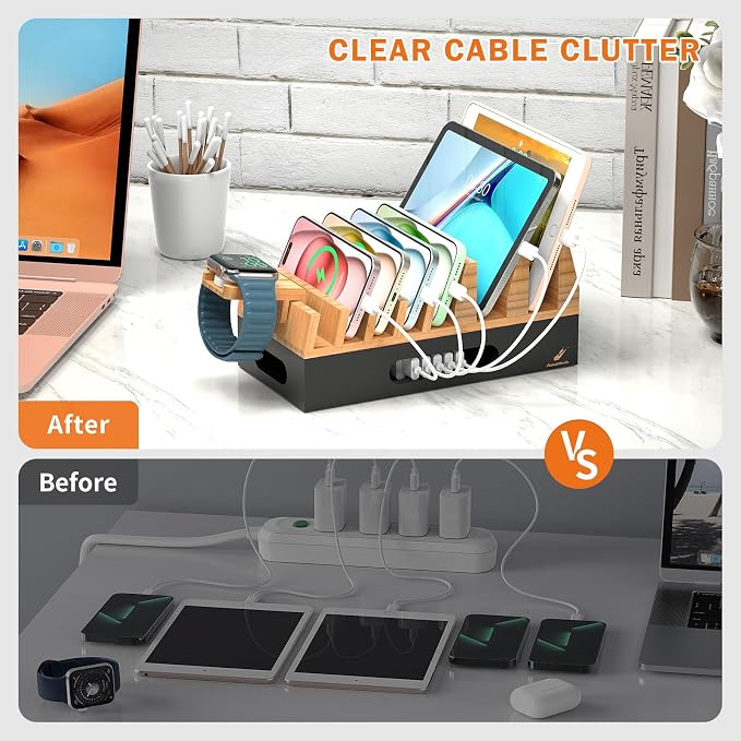 Pezin & Hulin Bamboo Charging Station Organizer for Multiple Devices & Wood Desktop Docking Charging Stand Such As Cell Phone, Tablets, Phone Case and Watch Stand(No USB Charger) (Natural + Black)