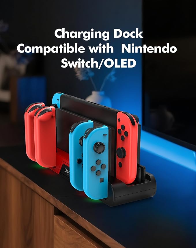 Charging Dock Compatible with Nintendo Switch/OLED Joy-Cons, Charging Station Supports simultaneous Charging of 4 Joy-con, Fully Charges Controllers in Just 2 Hours, All in One Solution for Switch