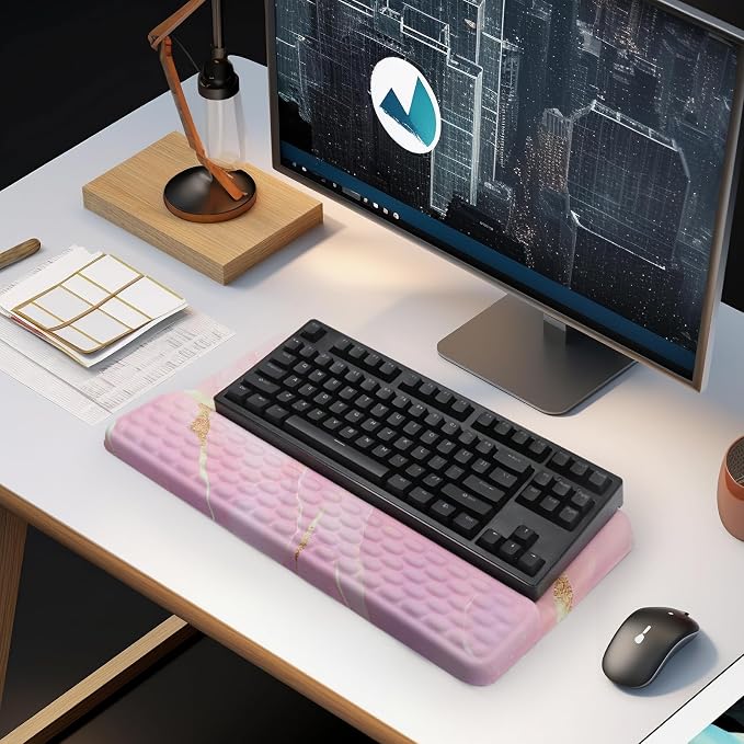 Ergonomic Keyboard Stand with Wrist Rest, Computer Wrist Support Pad, Tilted Keyboard Riser Holder Lift Tray with Wrist Pad, Easy Typing, Comfy Soft Memory Foam Desk Cushion for Office