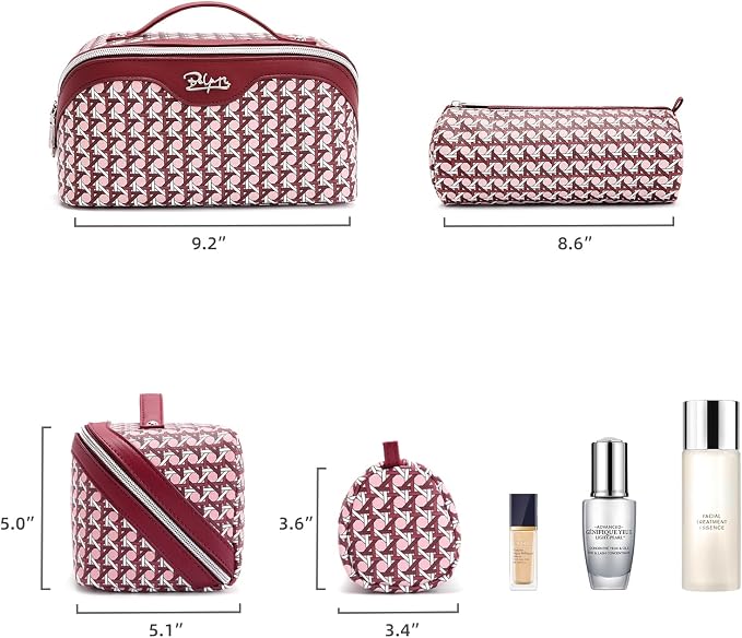 BOYATU Travel Makeup Bag Cosmetic Bags for Women: Large Capacity 3 Pcs Set Make up Bag with Compartments - Waterproof Vegan Leather Toiletry Organizer Bags with Handle (M-78Red)