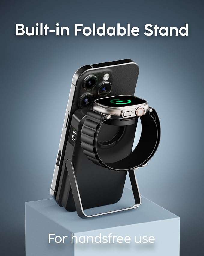 myCharge CliqLuxe Magnetic Wireless Power Bank 10,000mAh | iPhone & MagSafe Compatible | Qi2.2 25W Mag Safe Portable Charger | Built-in Stand | 2.5W Apple Watch Charger | Premium Black Fabric