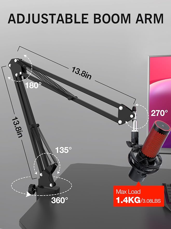 QuadCast 2 Boom Arm, Mic Arm Microphone Arm for HyperX QuadCast 2 with HyperX QuadCast 2 Pop Filter, 3/8" to 5/8" Adapter, by SUNMON