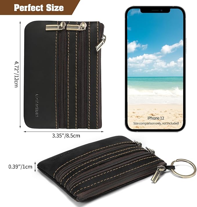 Jack&Chris Coin Purse Pouch for Men, Genuine Leather Coin Purse Zipper Pocket with Keychain Ring, Coin Bag for Men,JC301-Black