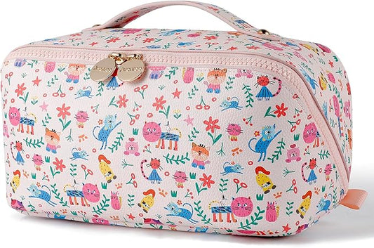 Aveniee Travel Makeup Bag for Women, Large Cosmetic Organizer with Open-Flat Design, Clear Divider & Handle - Waterproof PU Leather Toiletry Case, Cat Pattern