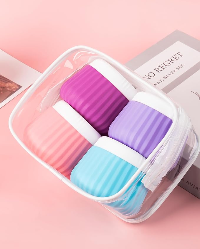 Mrsdry 4 Pack Travel Size Silicone Jars, TSA Approved, Leak Proof, Bright Colors, 90ml Each, Cylindrical, With Clear Bag