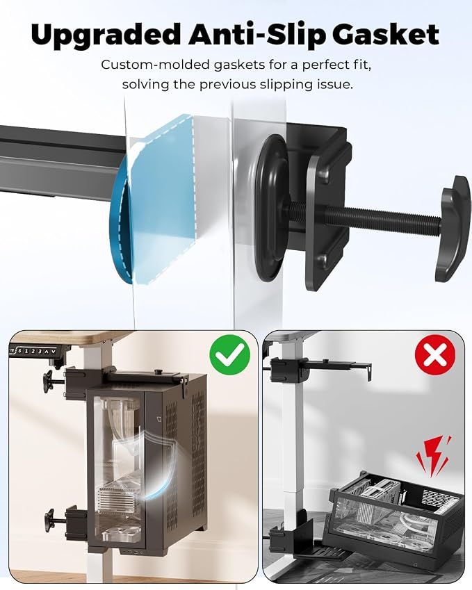 JOY worker Under Desk PC Mount for Standing Desk, Clamp-On Desk Leg Computer Mount, No Drilling, Adjustable Computer Case CPU Holder Holds Up to 44lbs, Black PC Tower Mount