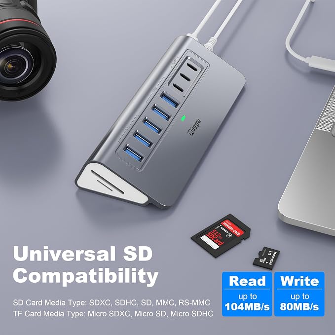 Powered USB Hub 10Gbps, Intpw YH6AC Plus 10 Port USB 3.2 Hub(USB A/USB C 3.2+3 USB-A 3.0+2 PD 45W Fast Charging Port+SD/TF Card Reader), 65W Power Adapter,Aluminum USB HUB for PC,Laptop,iPhone 17/16