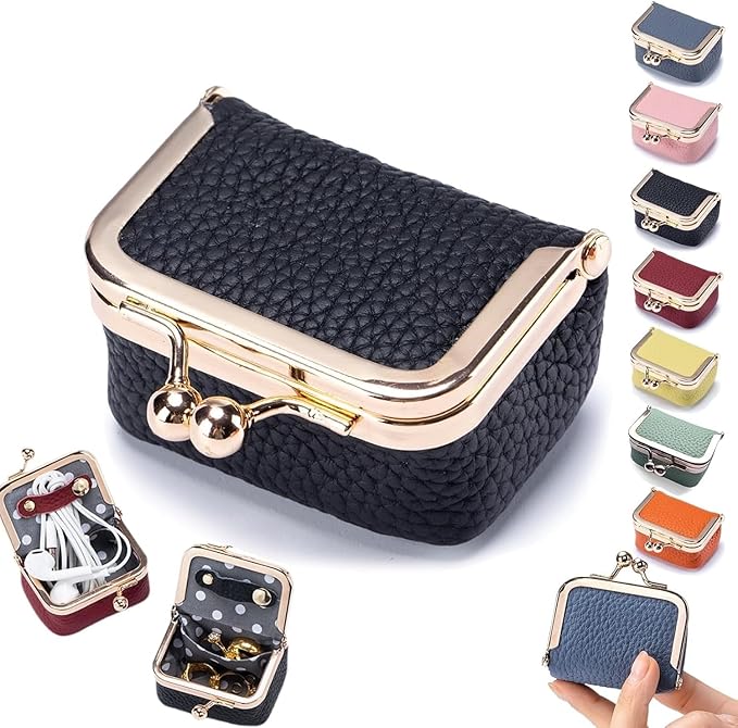 Genuine Leather Mini Jewelry Box & Vintage Wallet for Women - Compact Travel Coin Purse, Lipstick Storage Organizer, Retro Leather Clutch Case (Black/Mini)