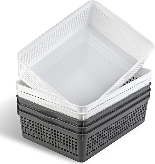 Eslite A4 Size Plastic Storage Basket,Desktop File Paper Letter Organizer Tray, 6-Packs (White+Grey)