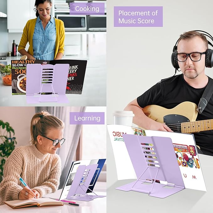 Honagu Book Stand Metal Desk Book Holder, Book Holders for Reading Hands Free, Adjustable Cookbook Documents Holder, Portable Bookstand for Music Books, Textbook, Recipe, Tablet, Ipad (Light Purple)