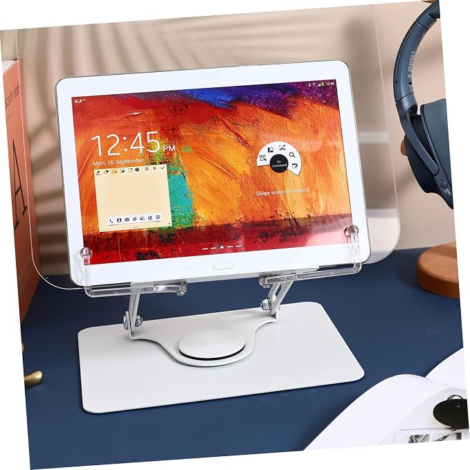 NUOBESTY Adjustable Height Clear Book Stand for Reading Rotating Desktop Holder for Textbooks Laptops and Tablets Ergonomic Design Page Clips and Construction