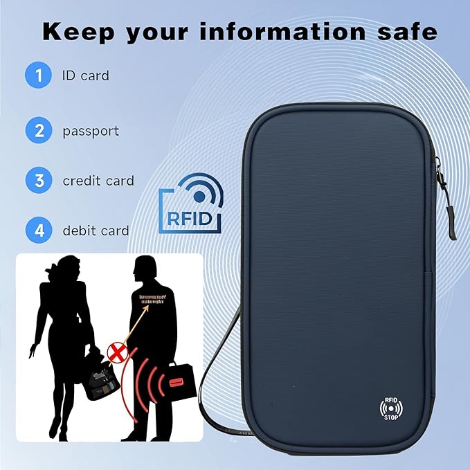 Travel Wallet Passport Holder, Family Passport Holder with RFID Blocking, Portable and Foldable Unisex Travel Essentials,Waterproof Used for Money, Flight Tickets Credit Card, Men and Women (blue)