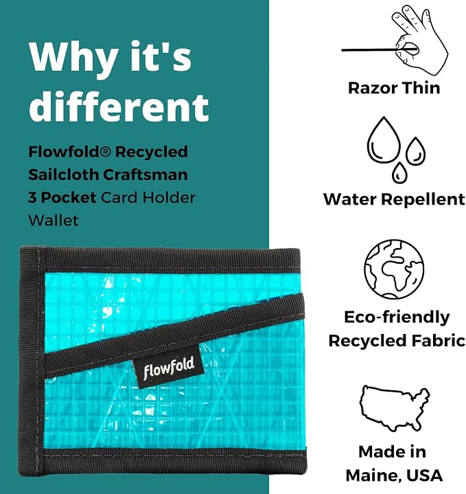 Flowfold Recycled Sailcloth Wallets - 3 Pocket Card Holder Wallet, Front Pocket Wallet, Slim Card Holder Wallet Made in USA (Cyan Sailcloth)