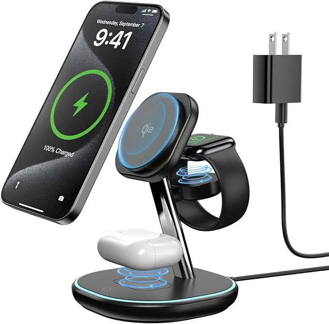 2026 3 in 1 Charging Station for Apple iPhone AirPods Watch with Mag-Safe Charger Wireless Charger Stand for iPhone 17 16 15 14 13 12 Series AirPods iWatch Series (30W USB-C Charger Included)