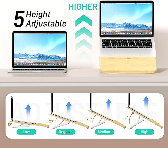 AFOOYO Adjustable Bamboo Laptop Stand,Portable Computer Riser,Ergonomic Notebook Mount with Wrist Rest,Compatible with 9.8-15'' All Laptops,MacBook Air Pro/HP/Dell/Lenovo,Bamboo