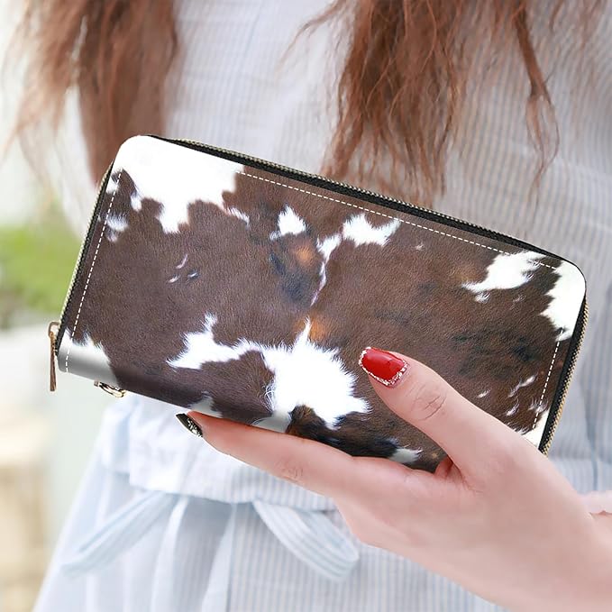 Women's Large Capacity Wallet PU Leather Zip Around Clutch Purse Multifunctional Wallet with Removable Wristlet Strap for Smart Phone/Coin/Card/Cash, Brown Cow Print
