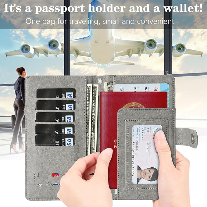 Passport Holder for Travel Essentials, RFID Blocking PU Leather Wallet Cover with Wristlet Strap Magnetic Closure Passport Book Holders Case for Women and Men, Grey