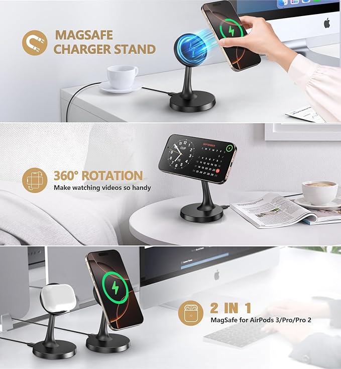 2 Pack Magnetic Wireless Charger iPhone, 15W Fast Mag-Safe Charger Stand for iPhone 17/17 Air/17 Pro/17 Pro Max 16/15/14/13/12 Series Magnet Wireless Charging Station/Pad for AirPods- Gifts Ideas
