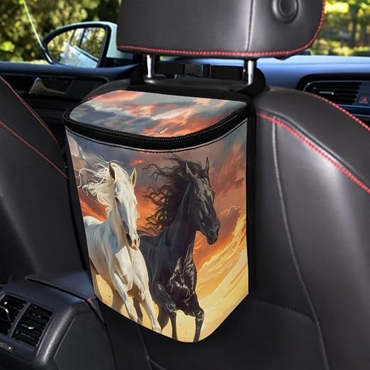 Biyejit Sunset Horse Car Trash Can with Lid Car Accessories Leak Proof Car Trash Bag Hanging Waterproof Car Garbage Can Multipurpose Storage Container for Back Seat Road Trip