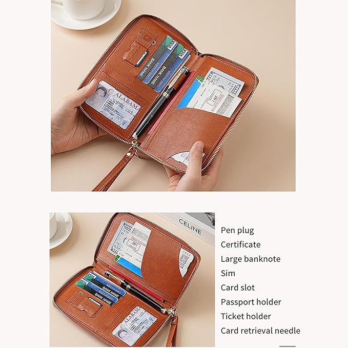 Multi-Functional RFID Passport Wallet Set, Blocking Passport Holder Travel Wallet, Holds Phones, Anti-Theft Protective Case with Multiple Card Pockets for Secure Travel Essentials (Brown)