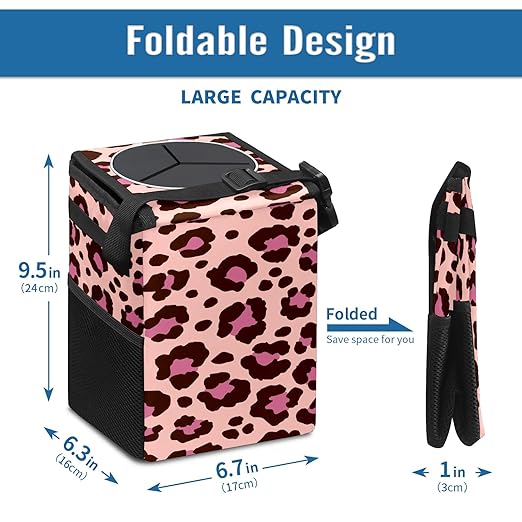 Car Trash Can Leopard Pink and Black Print Wate-rproof Auto Garbage Bag Car Trash Can with Lid Leak-Proof Car Storage Bag Hanging for Headrest Collapsible and Portable with Storage Mesh Pocket