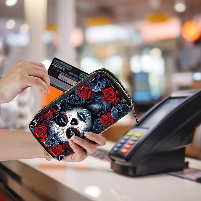 Wallet,Leather Long Wallet Suitable For Ladies And Teenagers - Detachable Wristband + RFID Travel Wallet With Card Slot - Sugar Skull Woman