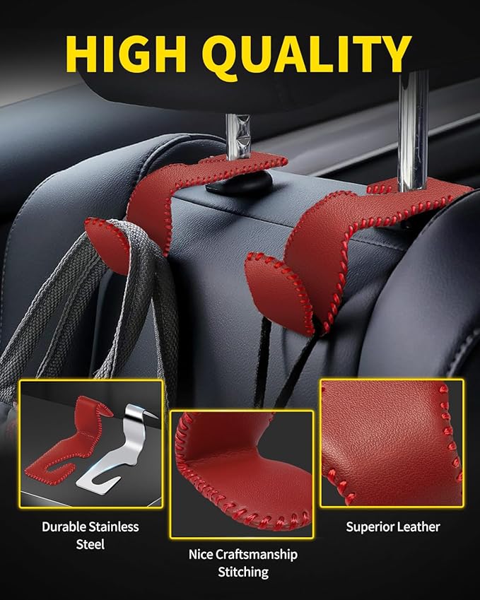4 Pack Superior Leather Car Seat Headrest Hooks with 44 Pounds Load Capacity, Hangers Storage Organizer Universal Car Interior Accessories for Handbags Water Bottles Umbrellas, Red