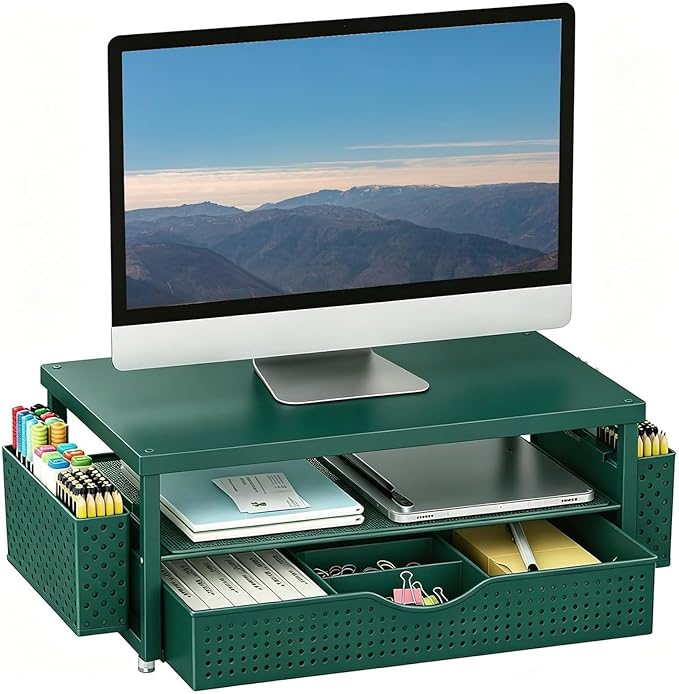 gianotter Desk Organizers and Accessories, Monitor Stand with Drawer and 2 Pen Holder, Desktop Organizer Suitable for Offices and Dormitories (Green-Plain)