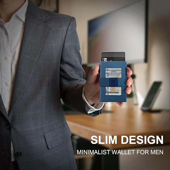 Minimalist Wallet for Men,Slim Wallet Compatible with AirTag,Card Holder Metal Wallet,Pop Up Wallet,Metal Card Holder,Quick Access Card,RFID Blocking Protection,Hold 12+ Credit Cards (Navy Blue)