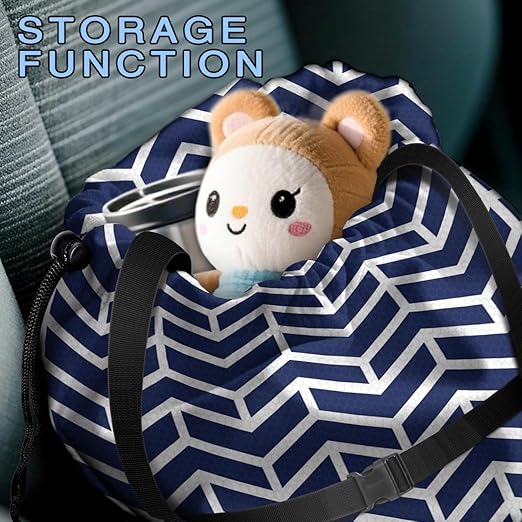 Car Trash Bag Hanging Back of Seat with Adjustable Snap Buckle Strap Cute Printed Drawstring Garbage Bags for Car-Blue White