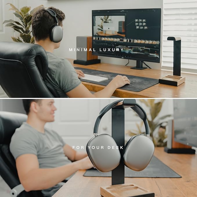 COREMINDED Universal Headphone Stand for Desk, Solid Wood Gaming Headset Stand, Heavy Duty Wooden Headphones Holder, Compatible with Airpods Max and More