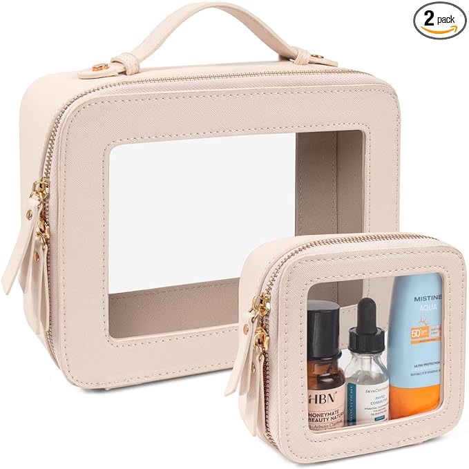 LETGO Clear Makeup Bags Set - TSA Approved Toiletry Bag with Handle Large Opening, Clear Toiletry Bags Case Pouch for Traveling Travel Car Orangizer Storage Essentials(Mini+Large Beige)