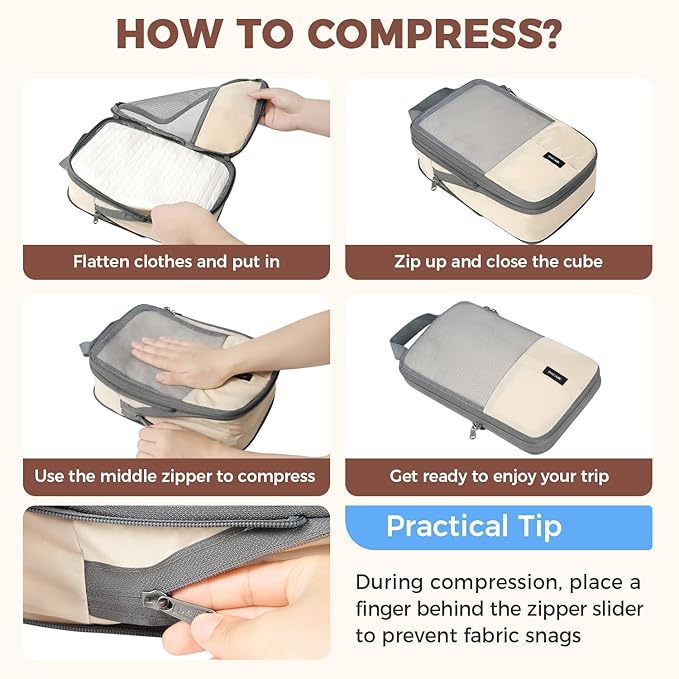 BAGAIL 6 Set Lightweight Compression Packing Cubes with Packing List, Anti-Tearing Expandable Organizer Bags for Travel, Beige