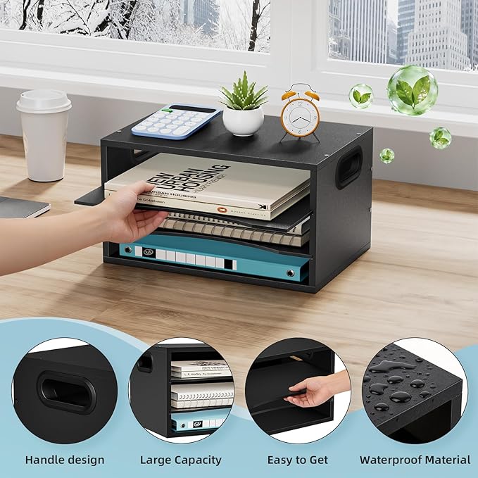 Marbrasse 3-Tier Wood Desk Organizer, Paper Letter Tray Organizer for Desk, Wooden Desktop File Organizer with Handle and Paper Sorter Mail Holder for Office School & Home Supplies Organization-Black