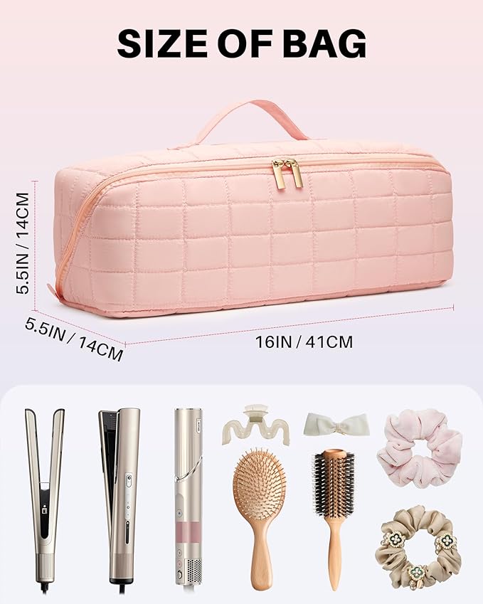 Hot Tools Travel Case with Heat Resistant Mat Pouch, Large Hair Tool Organizer Bag for Curling Iron Flat Iron Hair Dryer Hot Air Brush, Water Resistant Makeup Bag Gift for Women, Pink