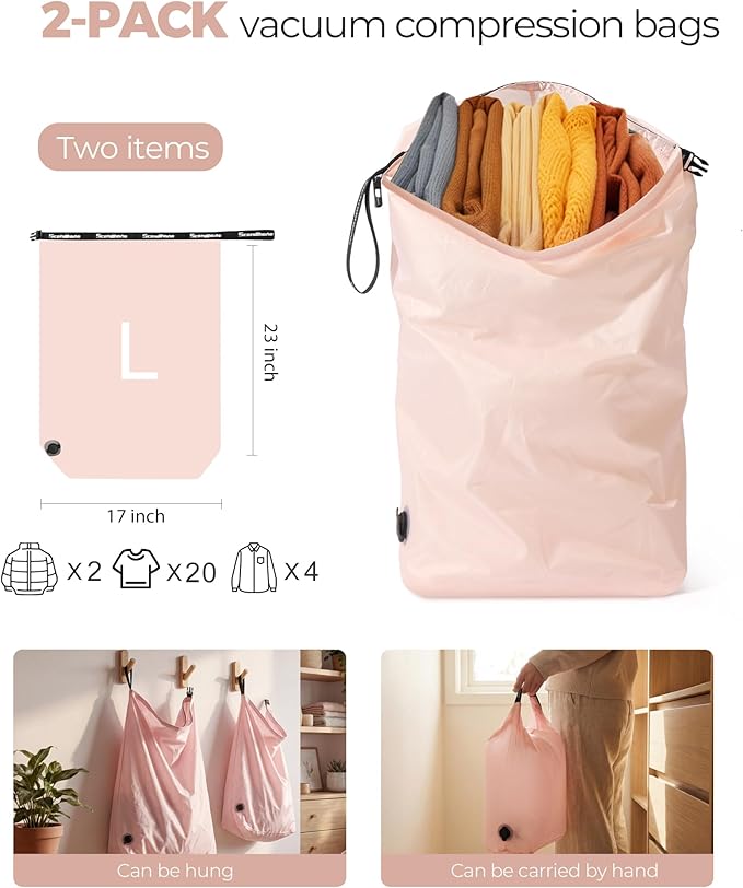 Travel Laundry Bag, Pump-Free Vacuum Compression Dirty Clothes Bag, Reusable Waterproof & Washable Laundry Bag, Wet and Dry Bag, Ideal for Suitcases, Road Trip Essentials (2 Pcs, L+L) Pink