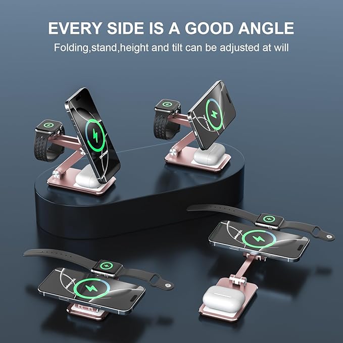 Wireless Charger 3 in 1,Foldable Wireless Charging Station for Apple MagSafe Charger,Aluminum Portable Magnetic Travel Charger Stand for iPhone,Watch,Aipods (with 20W Adapter & Case)