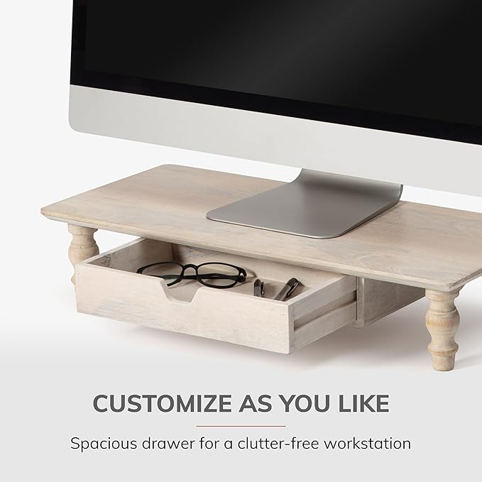 Anji Mountain Monitor Stand - Desktop Organizer & Laptop Riser, Ergonomic Monitor Riser, Space-Saving Monitor Stand for Desk, Durable Construction, Easy Assembly, Ideal for Home & Office,White Wash