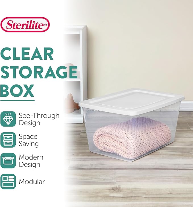 Sterilite 12 Pack Storage Boxes, Clear Plastic Stackable Containers, Lightweight Home Organizers with Snap Lids, 58 Quart, White