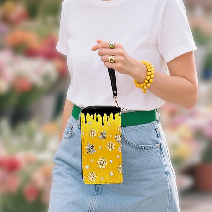 Bee-Themed Wallet for Women - Slim PU Leather Womens Wallet with Cash Zipper Coin Purse, Small Credit Card Holder Travel Wallet, Wristlet Wallets for Female Ladies Teen Girls Purse (Bee Lovers Gift)