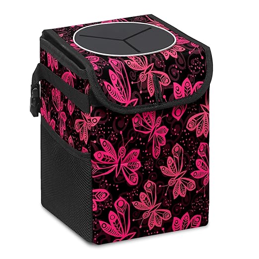 Car Trash Can Rose Pink Butterflies Auto Garbage Bag Car Trash Can with Lid Leak-Proof Car Storage Bag Auto Garbage Bag Hanging for Headrest Collapsible and Portable with Storage Mesh Pocket