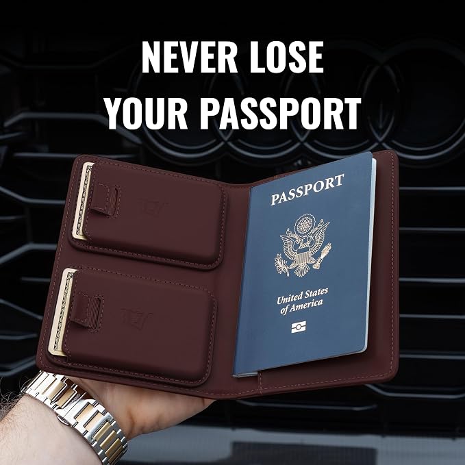 Kings Loot Passport Holder Wallet – RFID Blocking Leather Travel Wallet with Built-in Airtag Holder – Holds 1-6 Cards & Passport – Easy Pull Tab – Slim & Stylish Wallets (Berrywood)