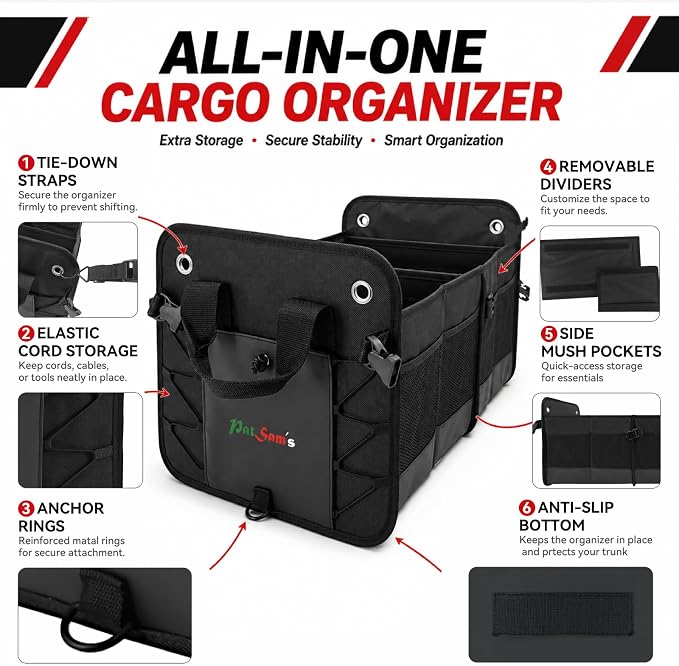 PAT SAM'S Car Trunk Organizer for SUV, Waterproof Collapsible Storage with Removable Dividers, Anti-Slip Bottom, Tie-Down Straps & Anchor Rings, Foldable Trunk Organizer for Grocery Tools Travel