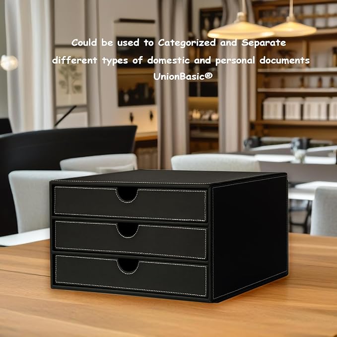 UnionBasic Document Organizer, 3-Drawer File Cabinet Document Storage Box, Office Desktop Filing Organizer, Black with White Stitching