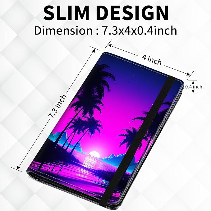 Checkbook Cover for Women & Men, RFID Blocking Personal PU Leather Checkbook Check Book Holder Wallet with Elastic Tape & Credit Card Slot,Neon Palm Trees