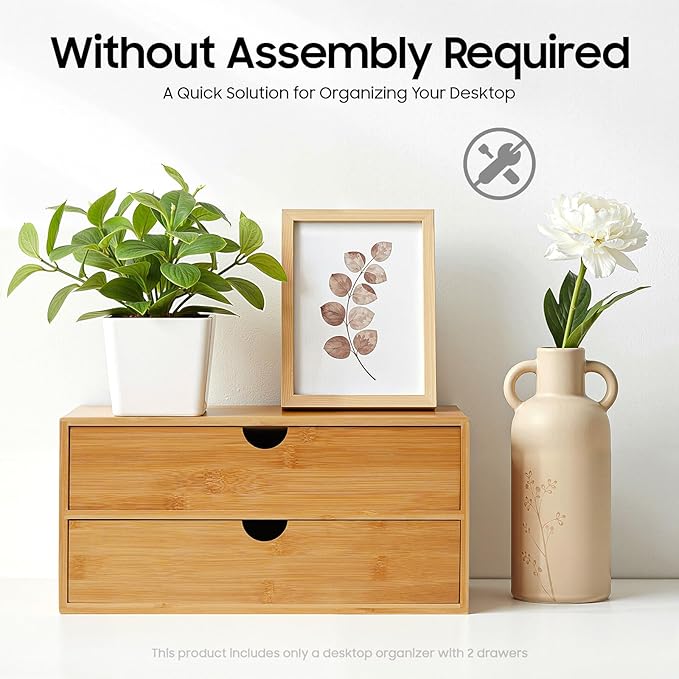 Bamboo Desk Organizer 2 Drawers Tabletop Storage Organization Box, No Assembly Needed for Home Office Storage, 12.99 * 7.48 * 6.3in (1 above & 1 below)