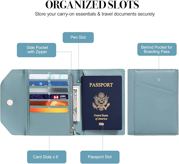 WHHMK Leather Passport Holder for Travel,Rfid Passport Holder Protect Your Card Security,Passport Book Holder for Men Women,Travel Wallet with Cards & Pen Slot,Boarding Pass,Zipper Cash Pocket (Blue)