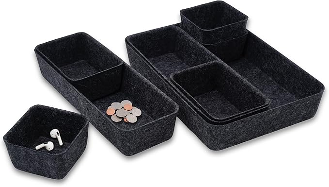 Welaxy Desk Drawer Organizer Tray, 8-Piece Shallow Felt Office Storage for Pens & Accessories (Charcoal)